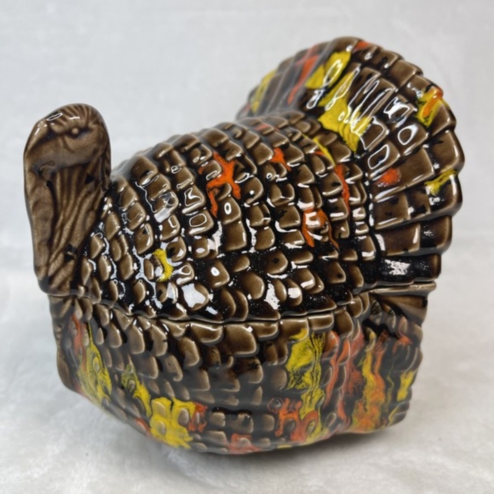 Vintage 1980s Hand Painted Ceramic Turkey Candy Nut Dish w Lid Thanksgiving 5.5"